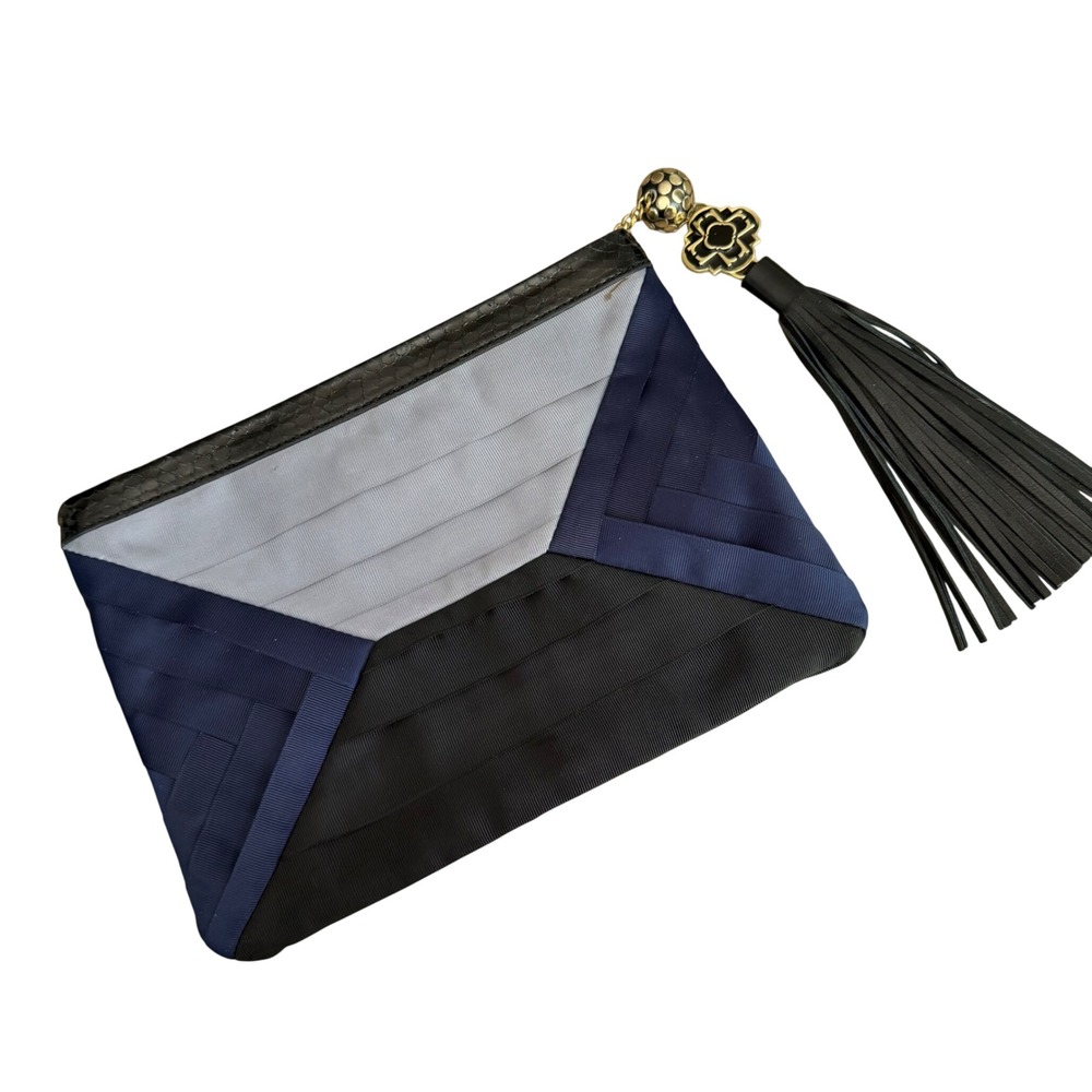 Rafe New York Ribbon Tassel‎ Clutch Navy Grey Geometric Evening Bag Pouch